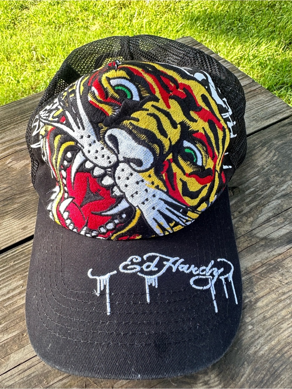 Ed Hardy Black Trucker Hat with Multicolor Tiger Embroidery
